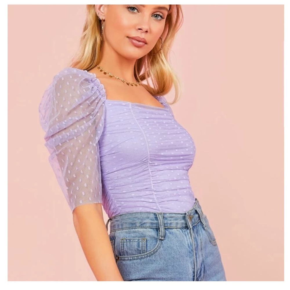 Lavender Ruched Mesh Boho Top - Picture 3 of 5